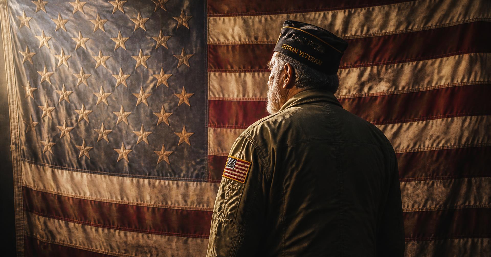 A veteran standing before a large weathered American flag in a dim warehouse