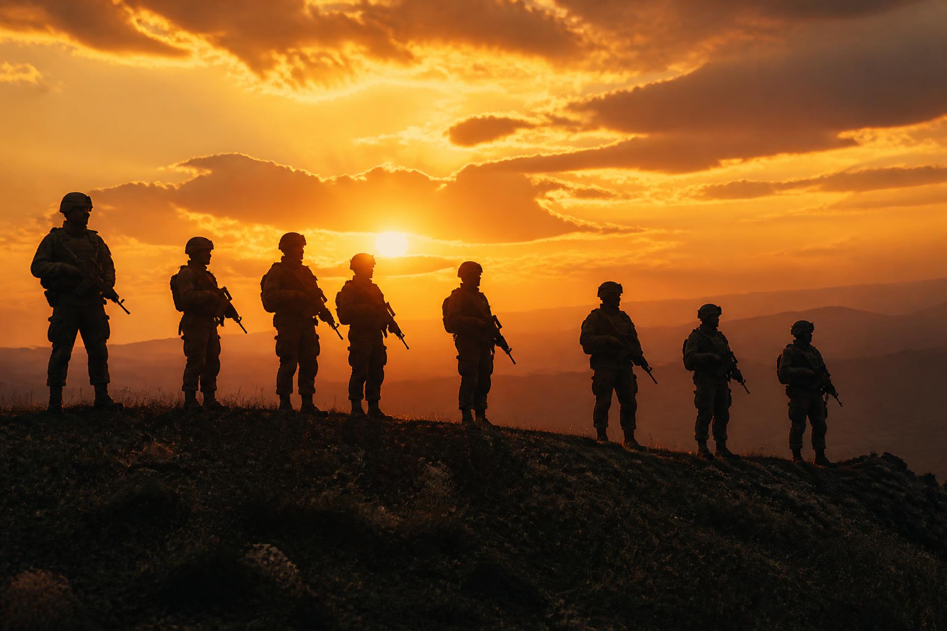 Silhouetted soldiers on a ridgeline at dusk with a faded American flag in the sky